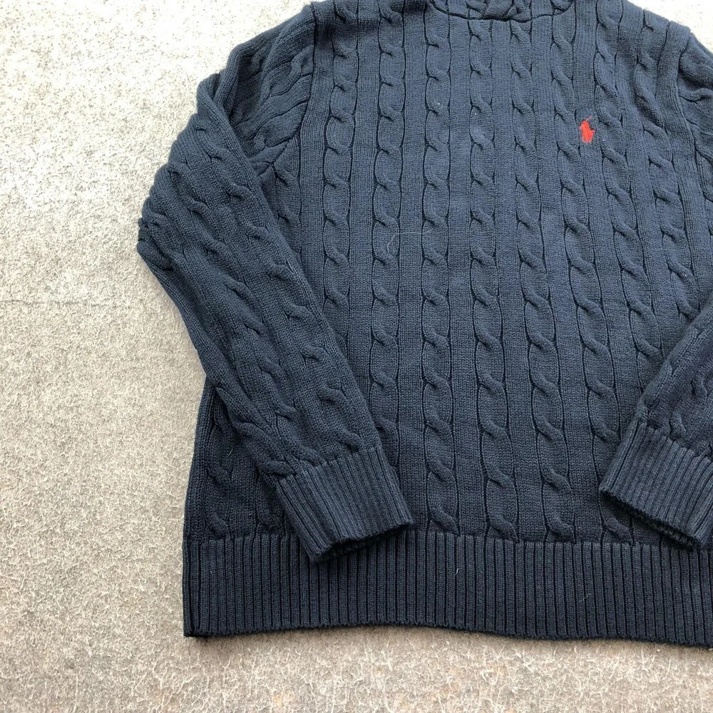 Polo Ralph Lauren Sweater Mens Large Blue Cable Knit Hooded Pullover Logo